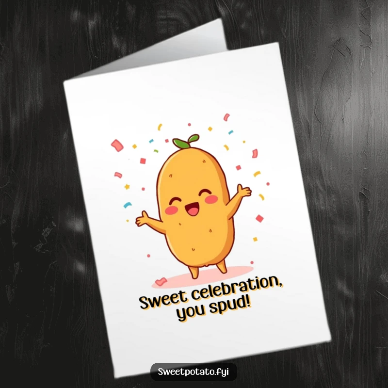 Funny Free Printable Birthday Card: A beaming sweet potato character joyfully throws colorful confetti into the air.