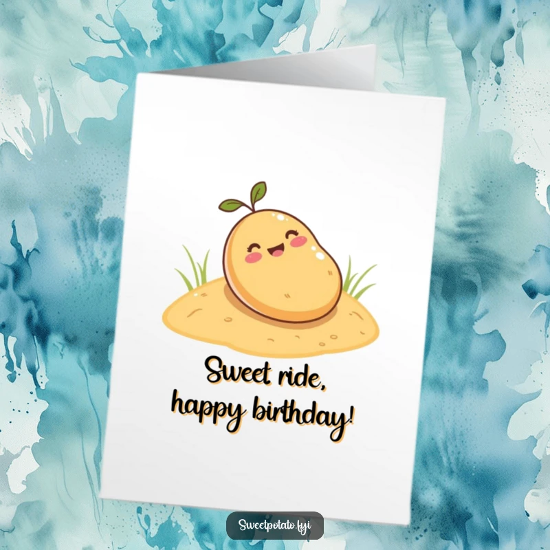Funny Free Printable Birthday Card showing a happy sweet potato gleefully rolling down a sandy slope.