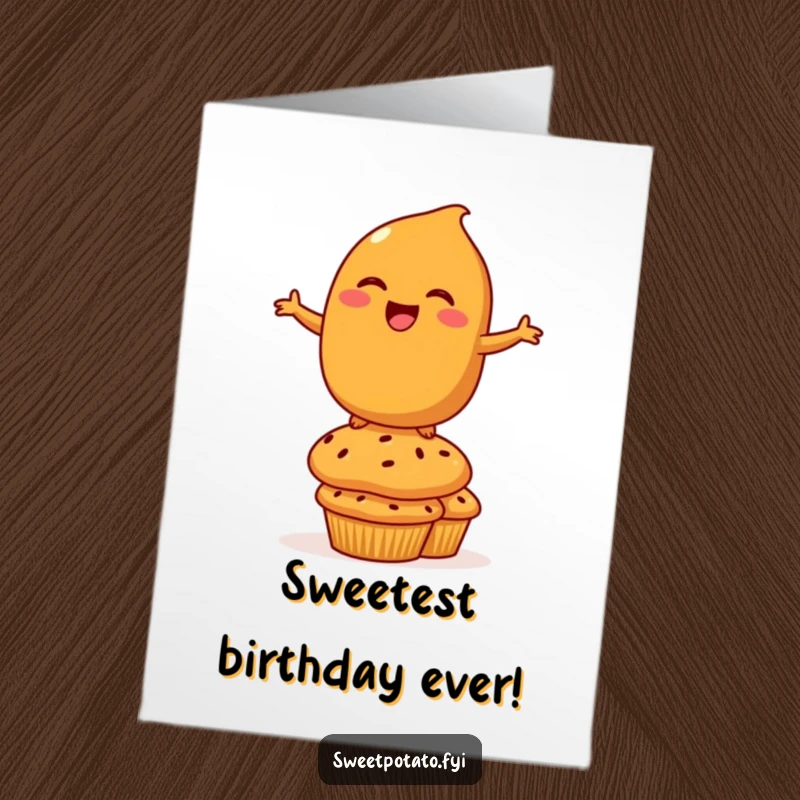 Funny Free Printable Birthday Card: A laughing sweet potato character masterfully balances on a stack of delicious muffins.