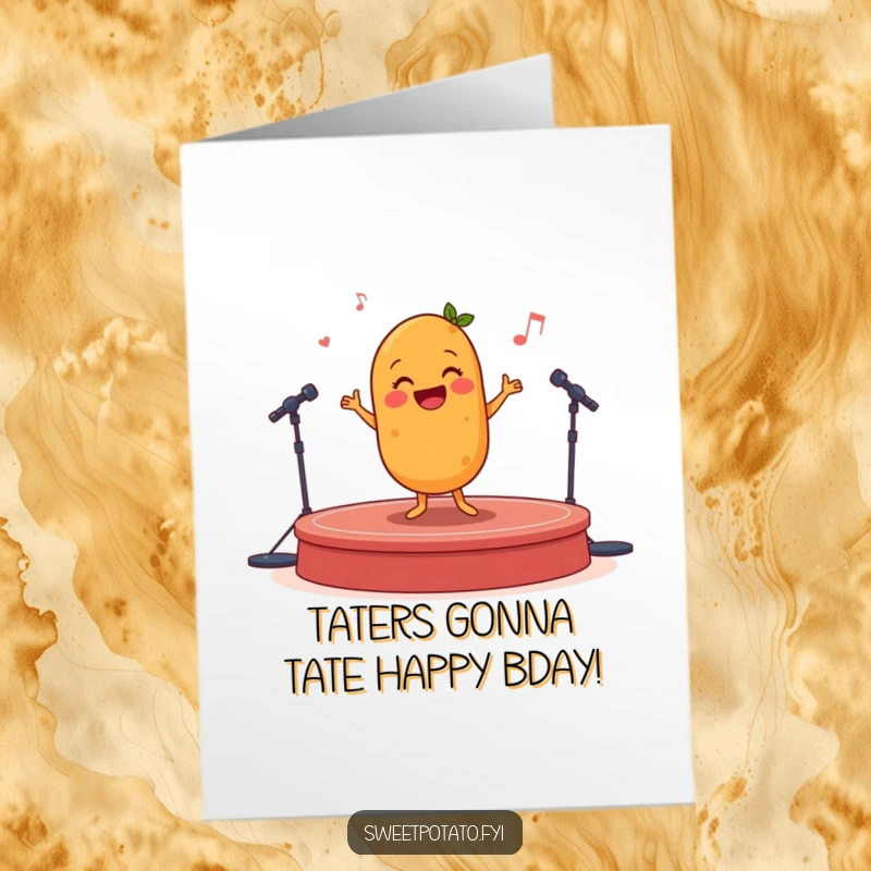 Funny Free Printable Birthday Card: A happy sweet potato character performing a joyful jig with enthusiasm on a small stage.