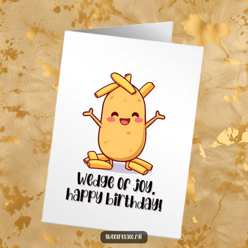 Funny Free Printable Birthday Card: A grinning sweet potato character expertly balancing a tall stack of crispy potato wedges.