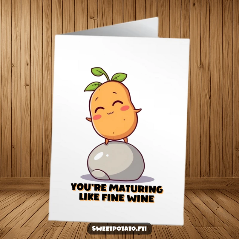 Funny Free Printable Birthday Card: A winking sweet potato character comically attempts to balance on a rolling pebble.