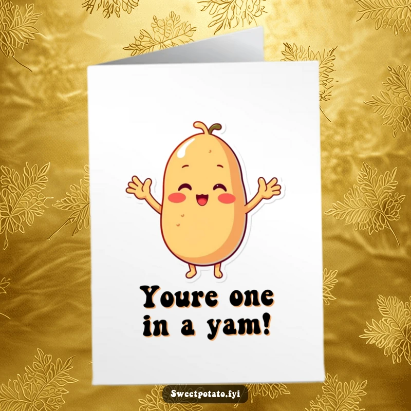 Funny Free Printable Happy Birthday card showing a cute sweet potato character with tiny arms enthusiastically cheering and celebrating.