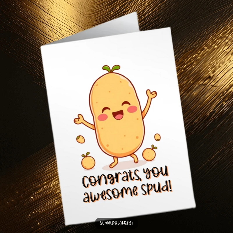 Funny Free Printable Congratulations Card: A delighted sweet potato character energetically dances surrounded by little spuds.
