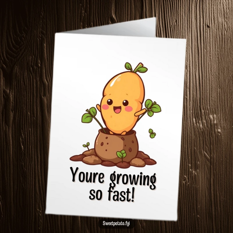 Funny Free Printable Congratulations card featuring a sweet potato character bursting energetically from a soil pot. Great for new beginnings.