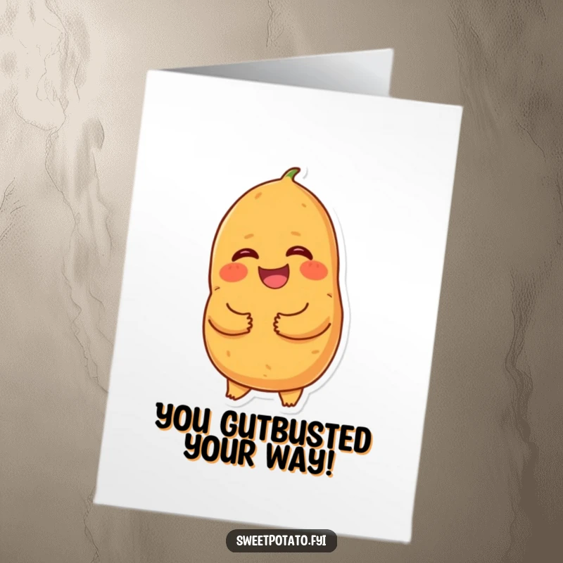 Funny Free Printable Congratulations Card showing a sweet potato clutching its stomach and bursting with laughter.