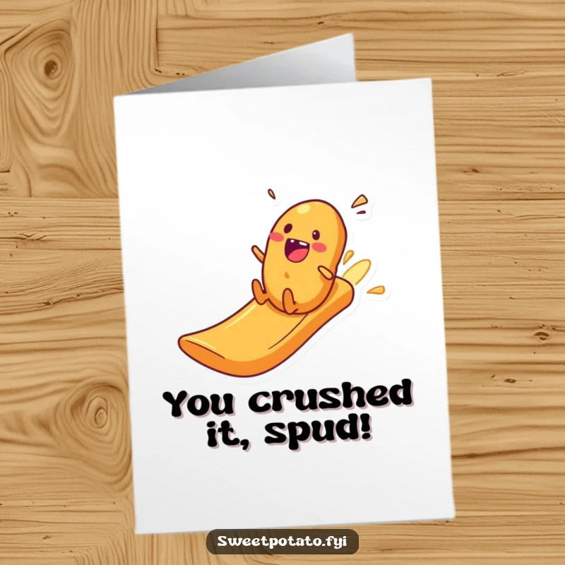 Funny Free Printable Congratulations Card: An excited sweet potato character joyfully speeding down a slide constructed from potato crisps.