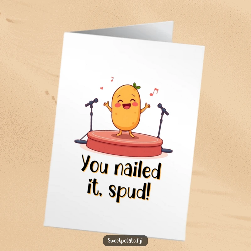 Funny Free Printable Congratulations Card: A cheerful sweet potato character dancing a lively jig on a miniature stage with delight.