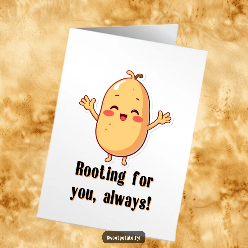 Funny Free Printable Congratulations card featuring a small but mighty sweet potato character cheering with excitement. A delightful DIY.