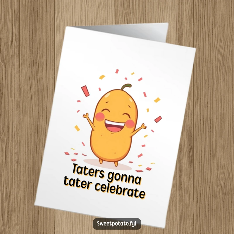 Funny Free Printable Congratulations Card: A sweet potato character gleefully throwing colorful confetti with a massive, excited grin.