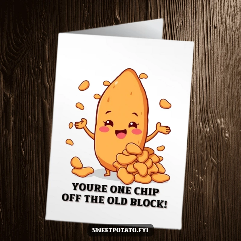 Funny Free Printable Congratulations Card: Sweet potato character beaming with pride, showcasing a massive pile of delicious sweet potato chips.