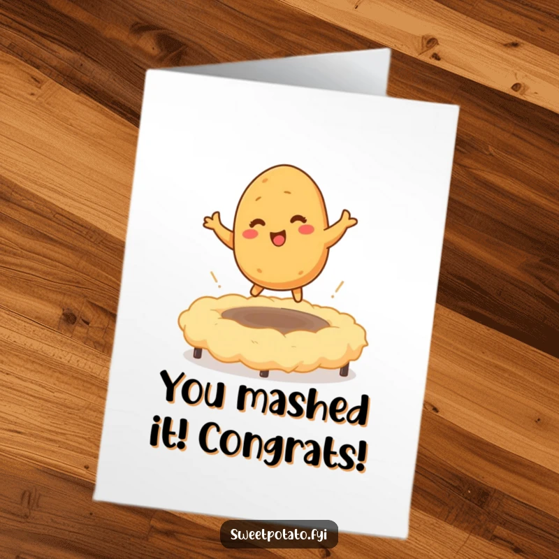 Funny Free Printable Sweet Potato Congratulations Card: A tickled sweet potato character bouncing on a mashed potato trampoline, cheering success.
