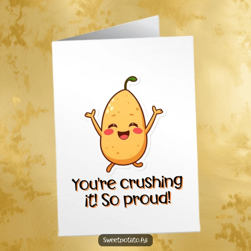Funny free printable congratulations card depicting a sweet potato character in a joyful, silly mid-air jump to celebrate success.