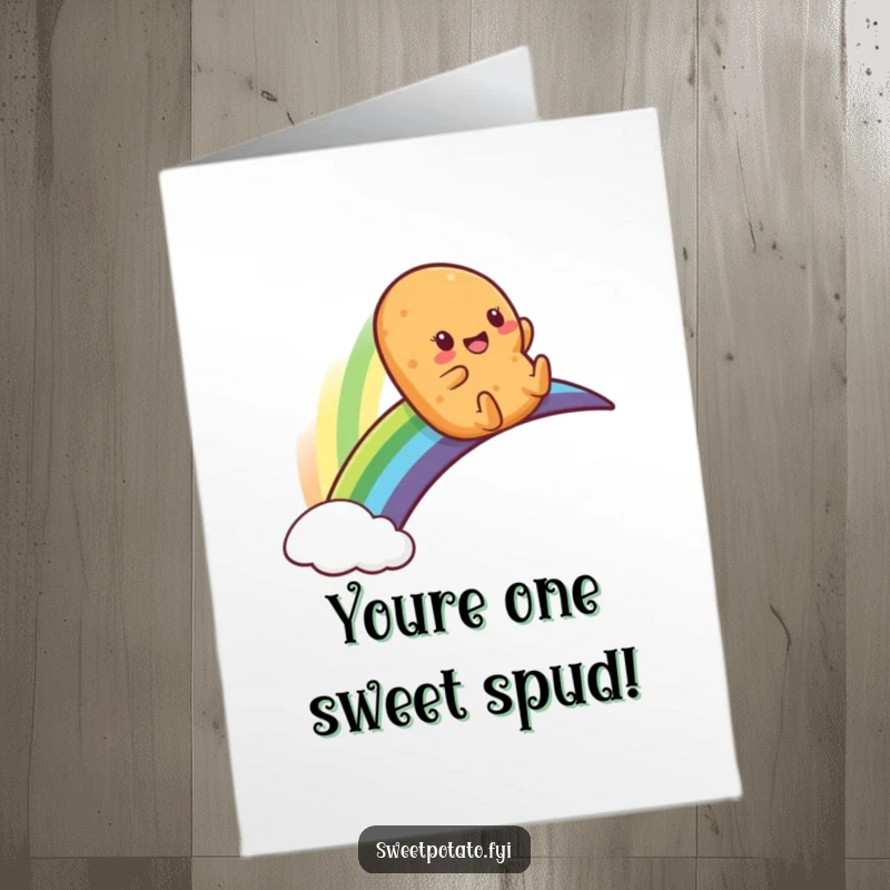 Free printable congratulations card with a smiling sweet potato character sliding down a colorful rainbow.