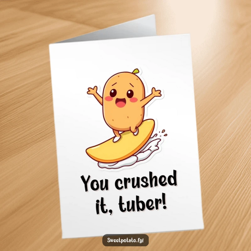 Funny Free Printable Congrats Card: Sweet potato surfer celebrates victory, riding a giant chip with pure joy.