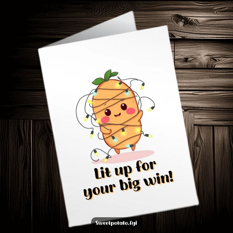 Funny Free Printable Congratulations Card: Sweet potato wrapped in fairy lights offers congratulations, creating a festive and amusing scene.