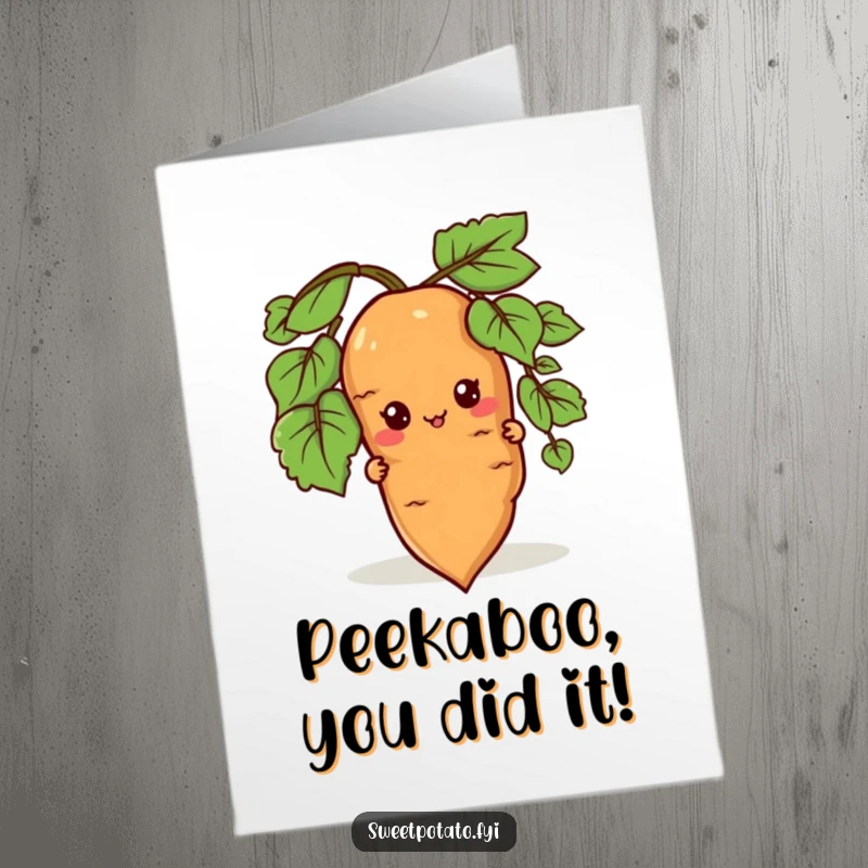 Funny Free Printable Congratulations Card: A sweet potato character peeks shyly from behind a root, offering congratulations with a playful reveal.