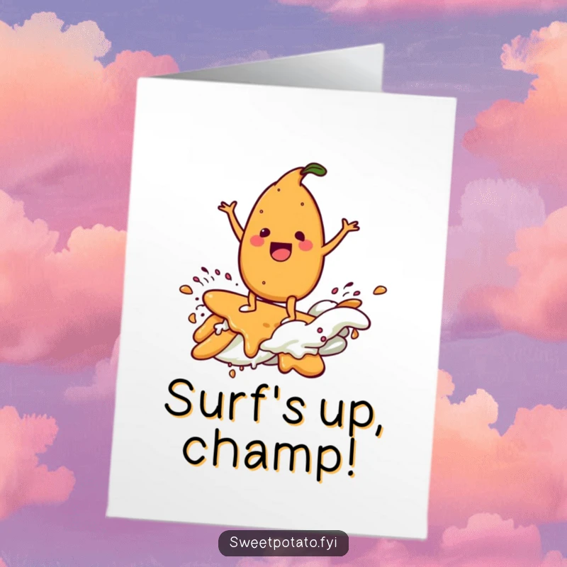 Funny Free Printable Congratulations Card: A delighted sweet potato character expertly rides a flowing wave of savory gravy.