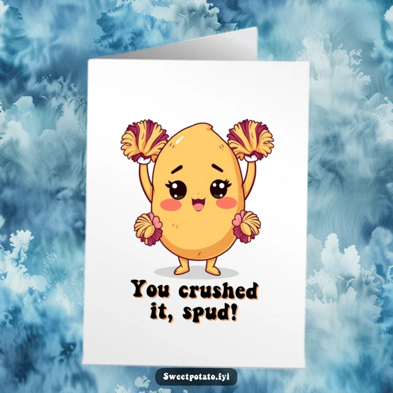 Funny Free Printable Congratulations Card: Determined sweet potato character cheering with pom-poms, celebrating a major win with high energy and spirit.