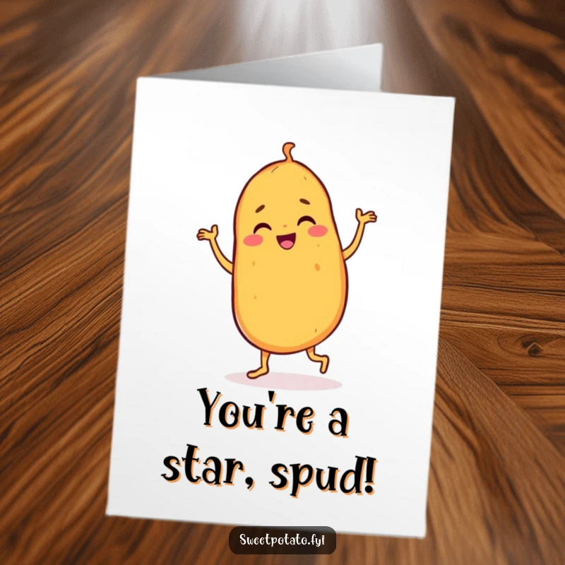 Funny Free Printable Congratulations Card: Sweet potato character doing a joyful jig, celebrating a fantastic achievement with exuberant dance.