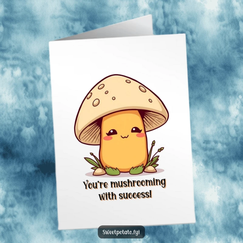 Funny Free Printable Congratulations Card: A smirking sweet potato peeks from behind a mushroom, celebrating your win.