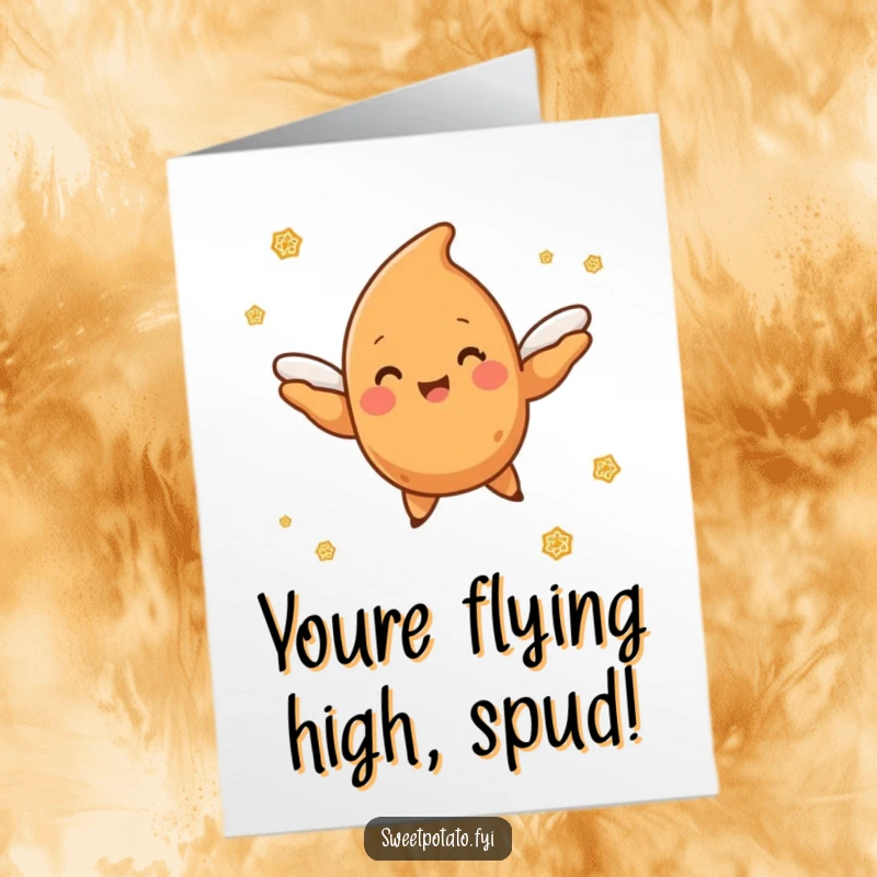 Funny Free Printable Congratulations Card: A sweet potato character with tiny wings joyfully flying through a cloud of cinnamon sugar.
