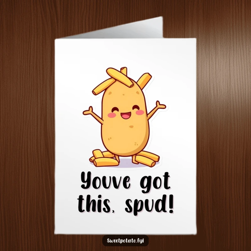 Funny Free Printable Congratulations Card: A grinning sweet potato character skillfully balancing a precarious pile of golden potato wedges.