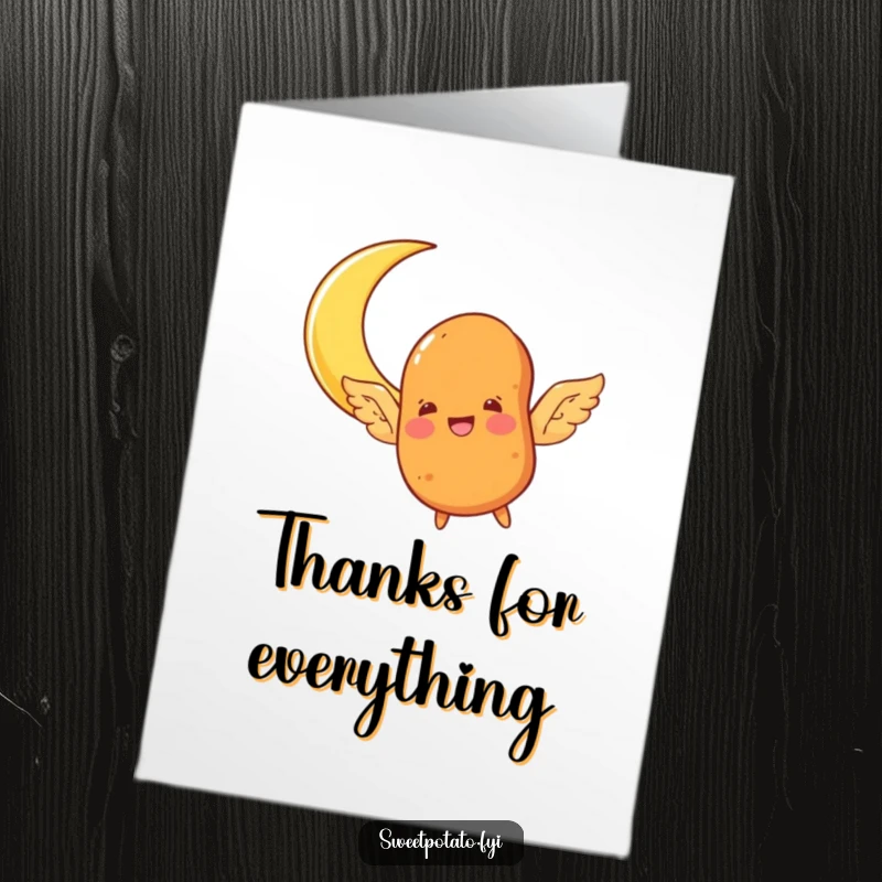 Funny Free Printable Thank You Card: A sweet potato with wings joyfully flying towards a crescent moon expressing heartfelt thanks.