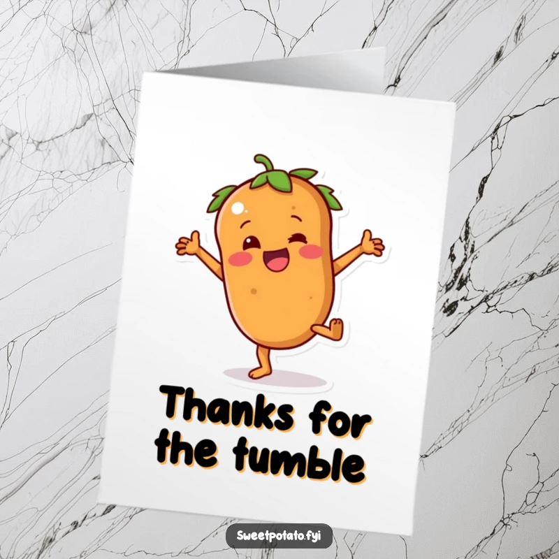 Funny Free Printable Sweet Potato Thank You Card: a sweet potato character with arms joyfully attempting a cartwheel, expressing thanks.