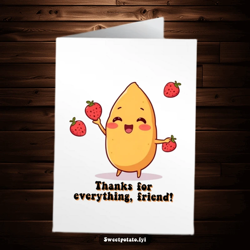 Funny Free Printable sweet potato character juggling berries with a cheerful expression to show thanks.