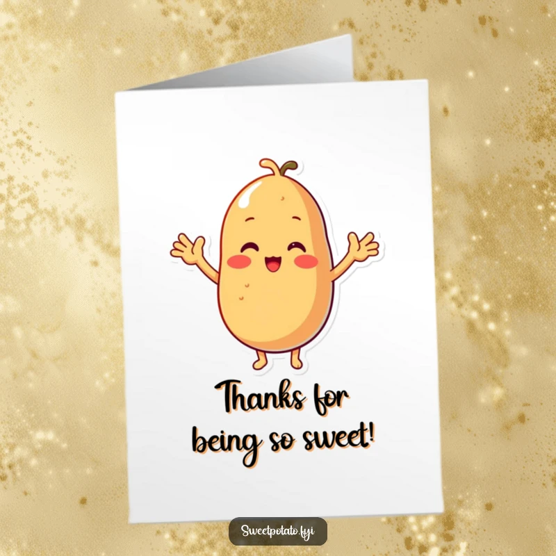 Funny Free Printable Thank You card with a cute sweet potato character doing a happy cheer with its little arms.