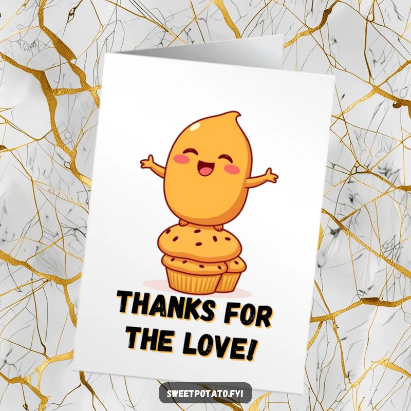 Funny Free Printable Thank You Card: A laughing sweet potato character balances on muffins, sending thanks.