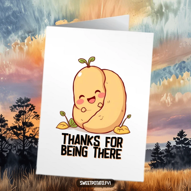 Funny Free Printable Thank You Card: A delighted sweet potato character playing hide-and-seek behind a large potato, offering thanks.