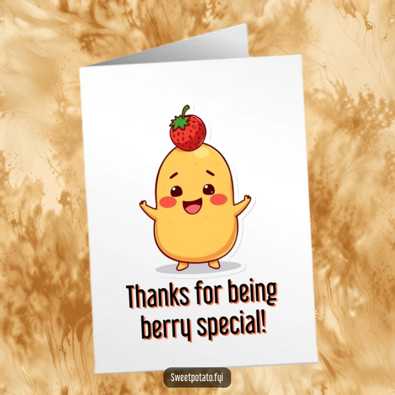 Funny Free Printable Thank You Card: Sweet Potato Balancing a Strawberry on its Head with a Big Grin