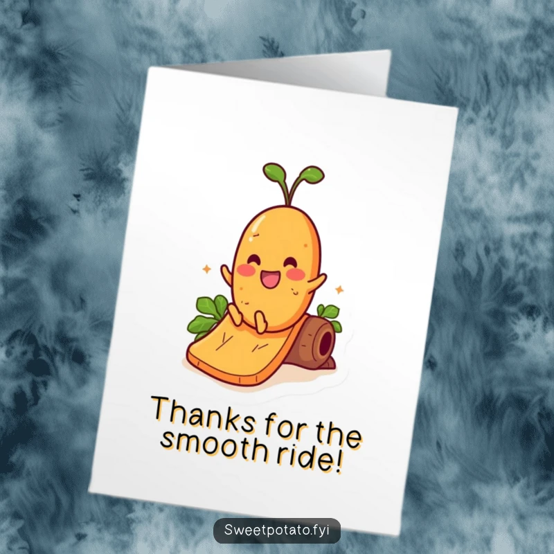 Funny Free Printable Thank You Card: A happy sweet potato character has fun sliding down a yam slide.