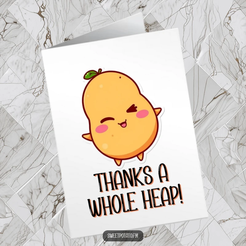 Funny Free Printable Thank You Card: A sweet potato character gives a sly wink, expressing gratitude with comical flair.