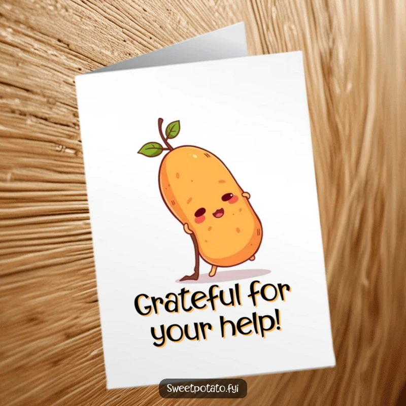 Funny Free Printable Thank You Card featuring a resolute sweet potato character making a valiant effort to ascend a small twig.