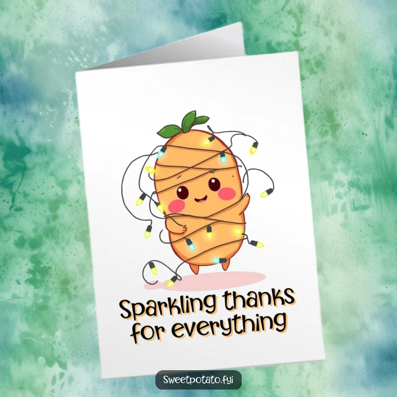 Funny Free Printable Thank You Card: Sweet potato caught in fairy lights, expressing thanks in a comical, tangled way.