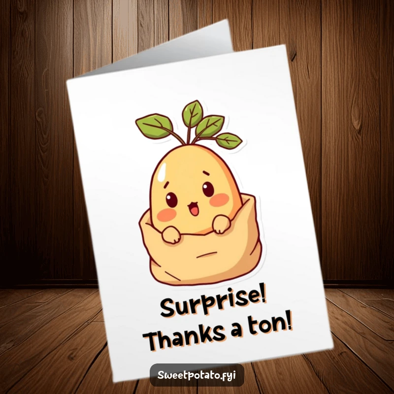 Funny Free Printable Sweet Potato Thank You Card: Surprised character peeking from sack, a delightful downloadable gift.