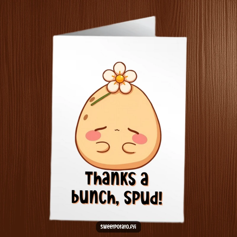 Funny Free Printable Thank You Card depicting a serene sweet potato character resting peacefully under a small, delicate flower.