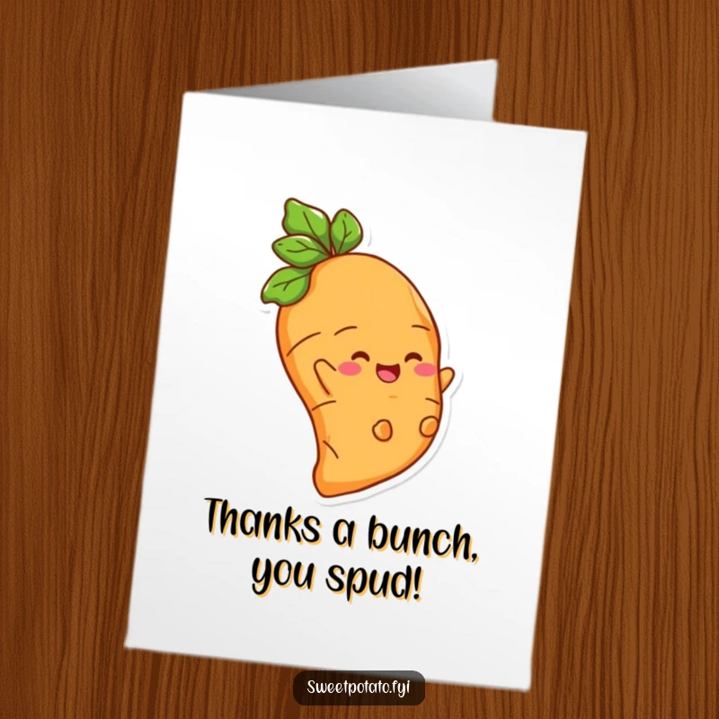Funny Free Printable Thank You Card: Delighted Sweet Potato character sliding down a root, sending thanks with a smile.