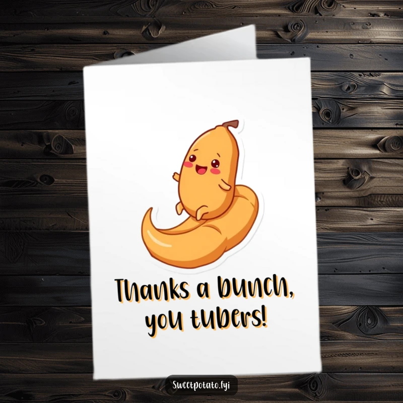 Funny Free Printable Thank You Card: Smiling Sweet Potato Rolling Joyfully on Caramel Swirl