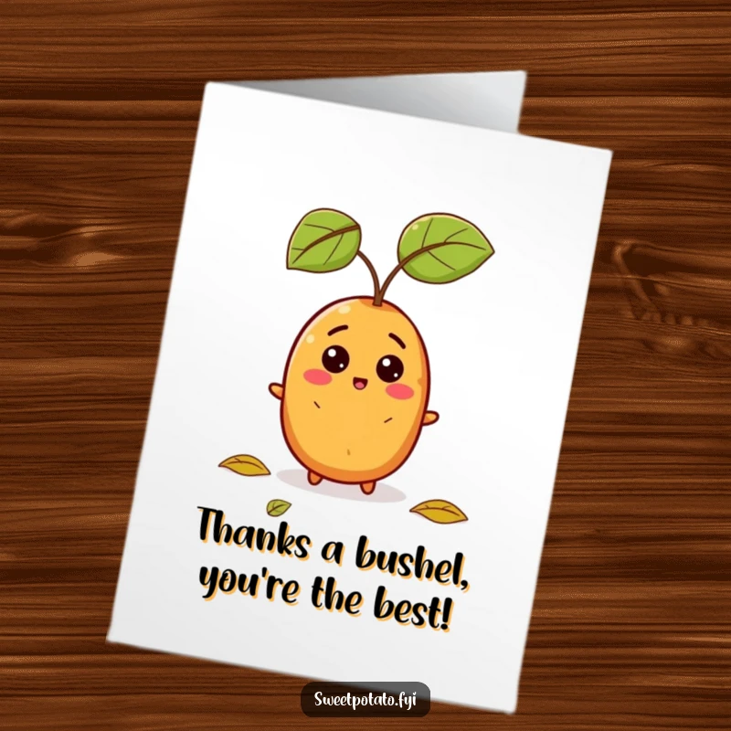 Funny free printable thank you card featuring a sweet potato character startled by a falling leaf, conveying surprise gratitude.