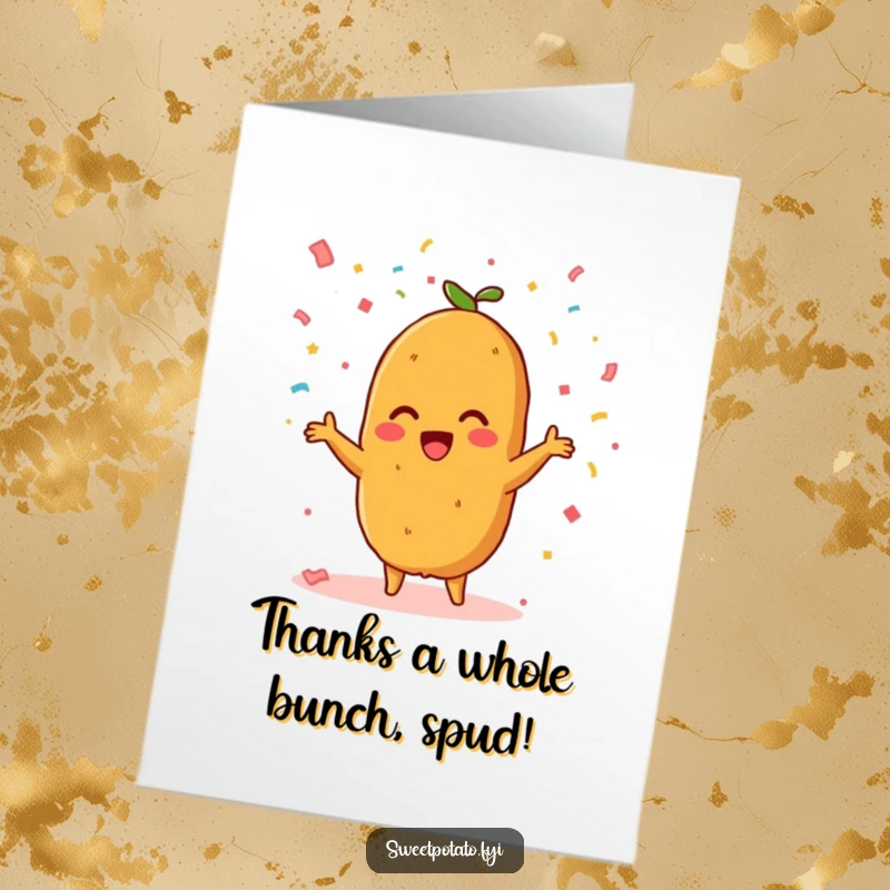 Funny Free Printable Thank You Card: A beaming sweet potato character happily throws a cloud of confetti.