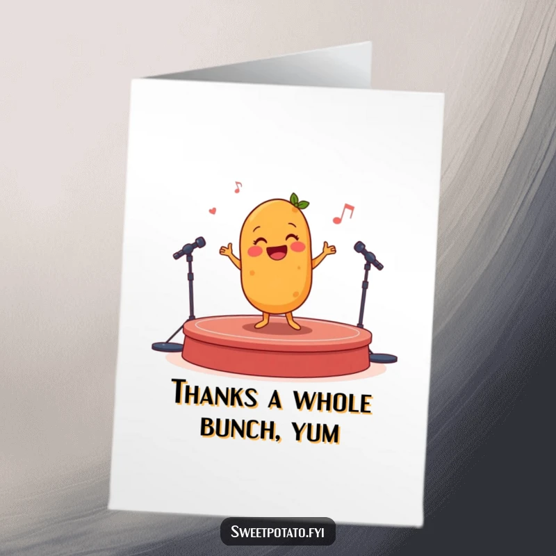 Funny Free Printable Thank You Card: A happy sweet potato character performing a cheerful jig, expressing heartfelt thanks.