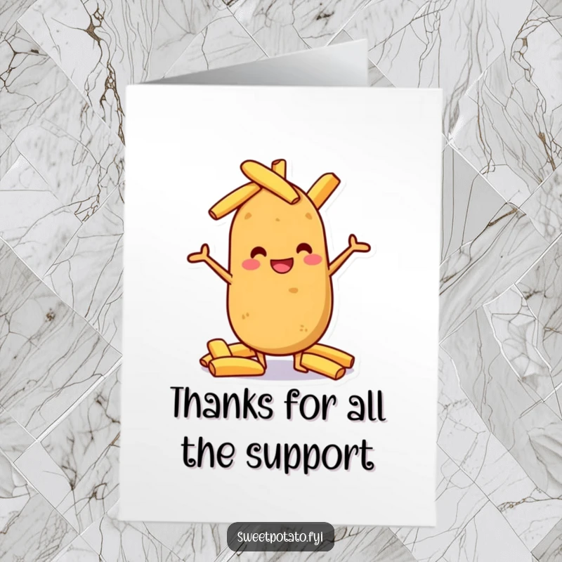 Funny Free Printable Thank You Card: A grinning sweet potato character balancing a neat pile of potato wedges with a proud smile.