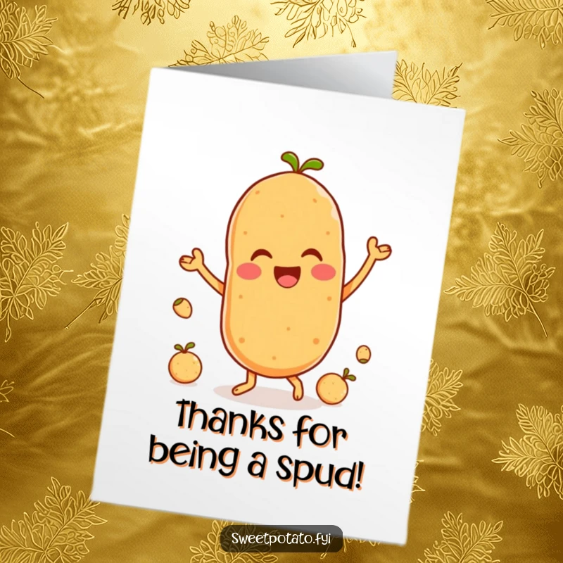 Funny Free Printable Thank You Card: A happy sweet potato character dances merrily with small potato companions.