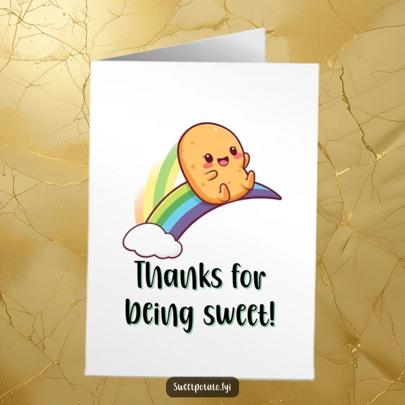 Funny free printable thank you card showing a sweet potato character sliding down a rainbow with glee.