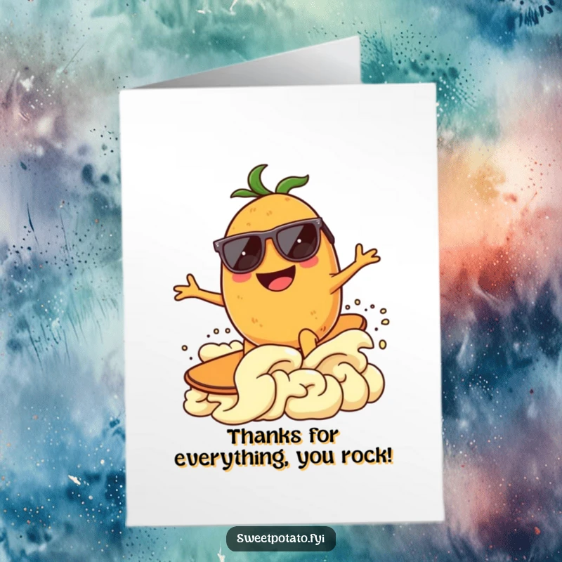 Funny Free Printable Thank You Card: Happy sweet potato wearing sunglasses surfing mashed potato wave, cool thanks, perfect downloadable art.