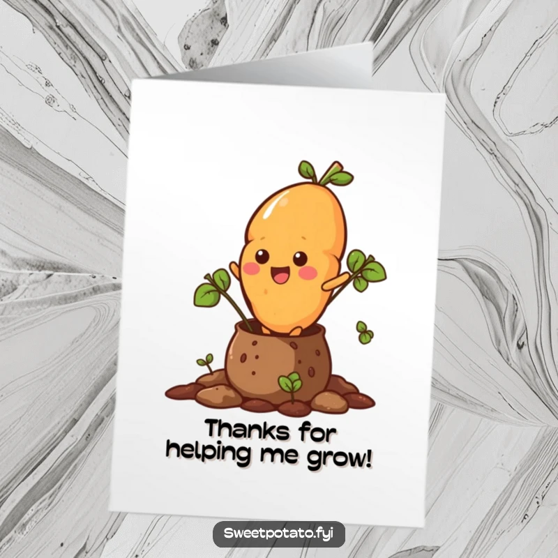 Funny Free Printable Thank You card with a sweet potato character dramatically bursting out of a soil pot. A surprising thank you.